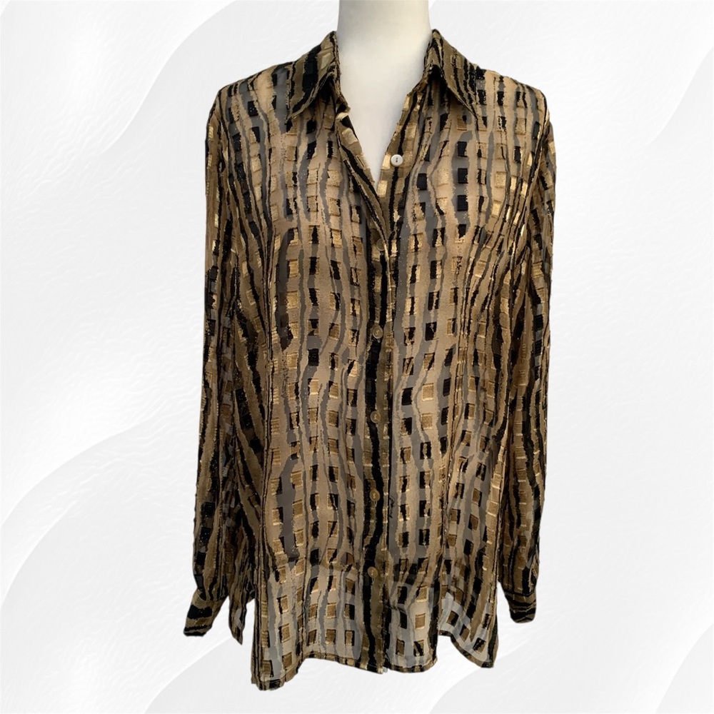 Notations Woman Sheer Black & Gold Plaid Long Sleeve Button Front Shirt ~ XL